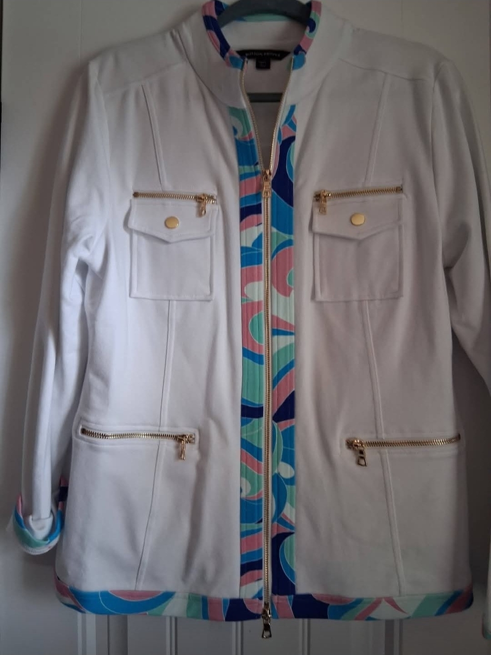 Boston Proper White Jacket with Multicolor Blue-Pink Trim